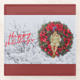 ヴィンテージガールお洒落クリスマスホリデー ガラスコースター