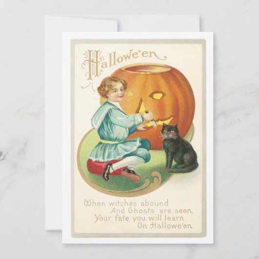 ヴィンテージガールがカボチャのハロウィンを彫る 招待状 (正面)