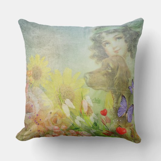 ヴィンテージガールとその犬の飾り枕 クッション (正面)