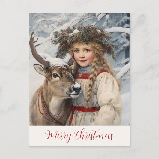 ヴィンテージガールとトナカイのクリスマスカード シーズンポストカード (正面)
