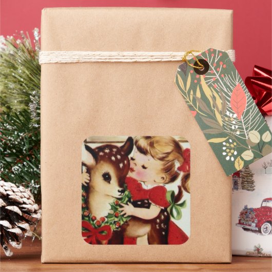 ヴィンテージガールとトナカイのクリスマスステッカー スクエアシール (クリスマス)