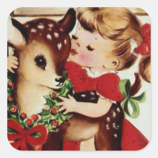 ヴィンテージガールとトナカイのクリスマスステッカー スクエアシール (正面)