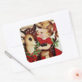 ヴィンテージガールとトナカイのクリスマスステッカー スクエアシール (封筒)