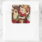 ヴィンテージガールとトナカイのクリスマスステッカー スクエアシール (バッグ)