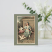 ヴィンテージガールとドーブ誕生日グリーティングポストカード ポストカード (スタンド正面)