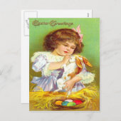 ヴィンテージガールとバニー&イースターエッグイースターカード シーズンポストカード (正面/裏面)