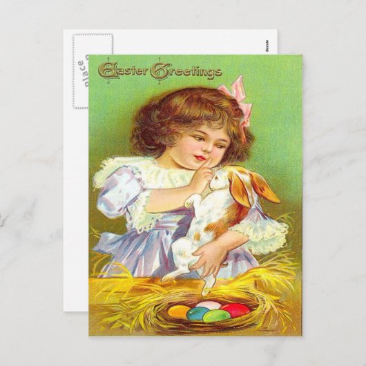 ヴィンテージガールとバニー&イースターエッグイースターカード シーズンポストカード (正面/裏面)