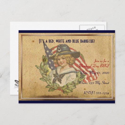 ヴィンテージガールとフラグメモリアルデー ポストカード (正面/裏面)