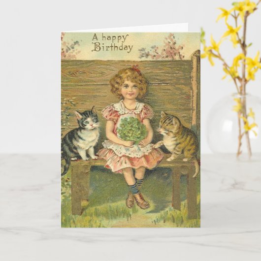 ヴィンテージガールと子猫誕生日カード カード (黄色い花)