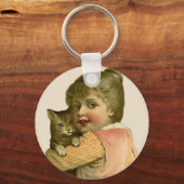 ヴィンテージガールと猫キーリング キーホルダー (正面)