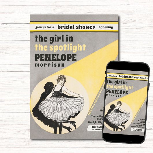 ヴィンテージガールインザスポットライトブライダルシャワー 招待状