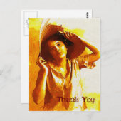 ヴィンテージガールインストローハットありがとうはがき ポストカード (正面/裏面)