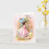 ヴィンテージガールインピンクドレス誕生日カード カード (黄色い花)