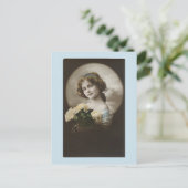 ヴィンテージガールインブルーホワイトローゼポストカード ポストカード (スタンド正面)