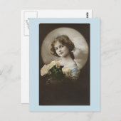 ヴィンテージガールインブルーホワイトローゼポストカード ポストカード (正面/裏面)