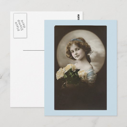 ヴィンテージガールインブルーホワイトローゼポストカード ポストカード (正面/裏面)