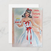 ヴィンテージガールウィズお誕生日ケーキホリデーカード シーズンカード (正面/裏面)