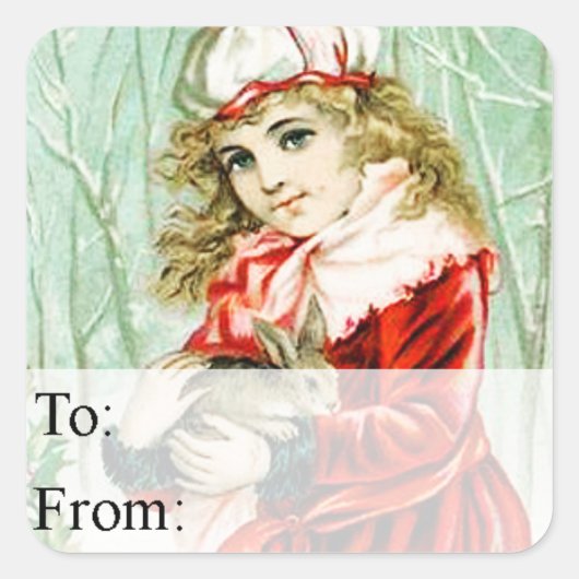 ヴィンテージガールウィズクリスマスラビットギフトラベル スクエアシール (正面)