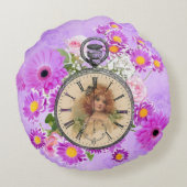 ヴィンテージガールクロックウォッチパープルフローララウンドピロー ラウンドクッション (裏面)