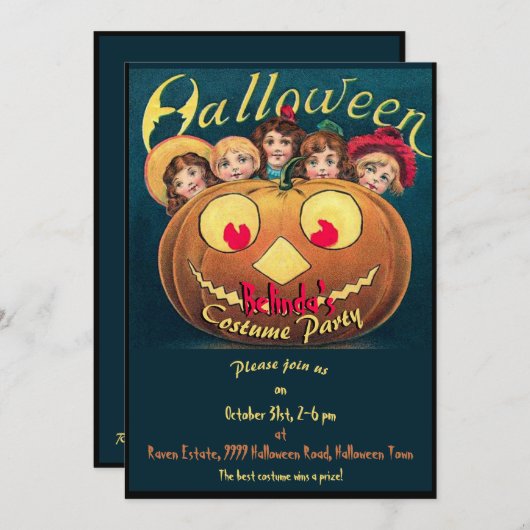 ヴィンテージガールズインパンプキンハロウィーン招待状 (正面/裏面)