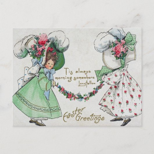 ヴィンテージガールズドレスハットアンティークイースター シーズンポストカード (正面)