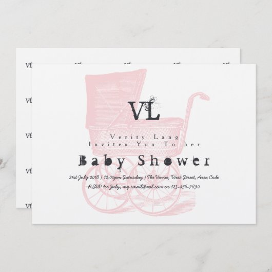 ヴィンテージガールズベビーシャワー招待状クラフトプラム 招待状 (正面/裏面)