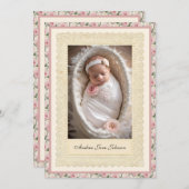 ヴィンテージガールバプティスピンクローズ写真 招待状 (正面/裏面)