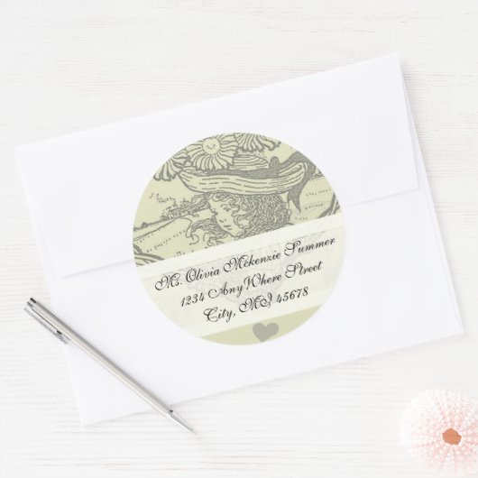 ヴィンテージガールヒマワリ差出人住所ラベル ラウンドシール (封筒)