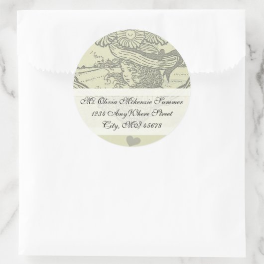 ヴィンテージガールヒマワリ差出人住所ラベル ラウンドシール (バッグ)