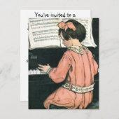 ヴィンテージガールピアニスト誕生日パーティーへの招待 招待状 (正面/裏面)