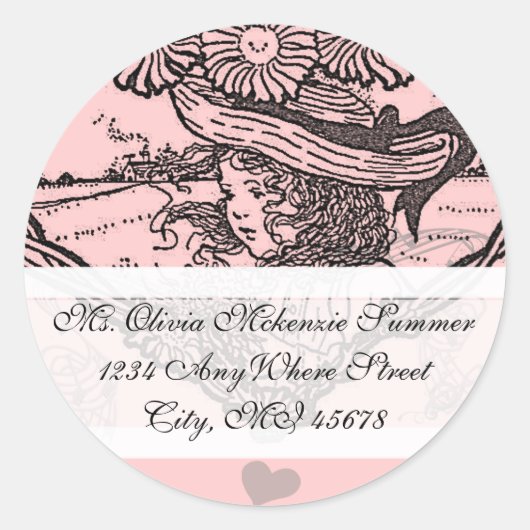 ヴィンテージガールピンクフラワー差出人住所ラベル ラウンドシール (正面)