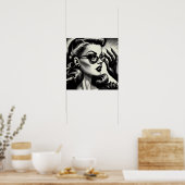 ヴィンテージガールブラックアンドホワイトスケッチ ポスター (キッチン)