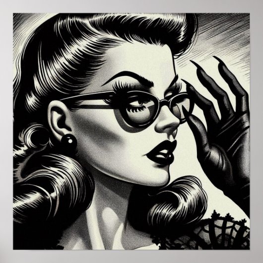 ヴィンテージガールブラックアンドホワイトスケッチ ポスター (正面)