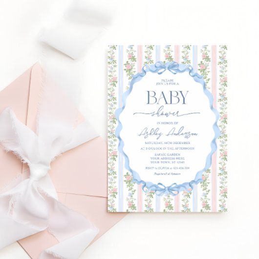 ヴィンテージガールベビーシャワーピンク&ブルーフローラ 招待状