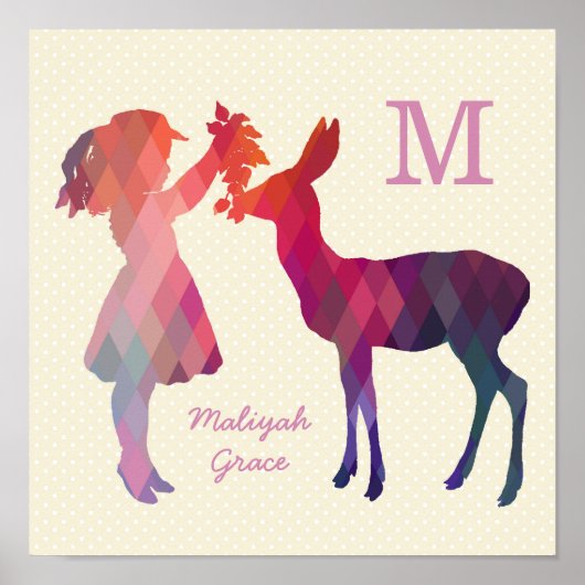 ヴィンテージガールモダンアンドディア子供部屋ウォールプリント ポスター (正面)