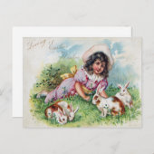 ヴィンテージガールラビットアンティークイースター シーズンポストカード (正面/裏面)