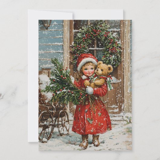 ヴィンテージガールレトロスノークリスマスホリデーカード シーズンカード (正面)