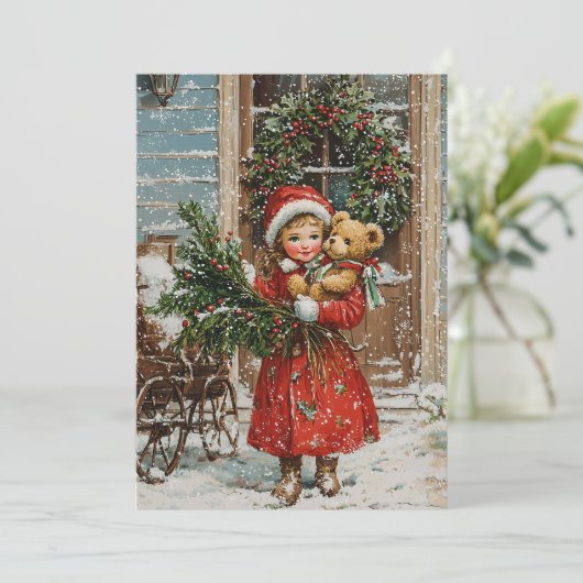 ヴィンテージガールレトロスノークリスマスホリデーカード シーズンカード (スタンド正面)