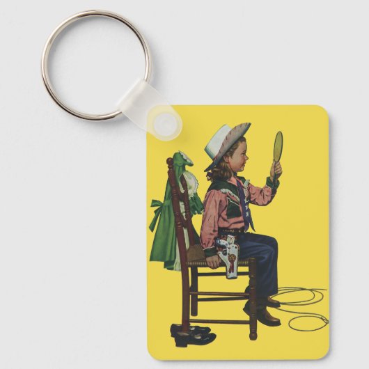 ヴィンテージガール女性のカーボーイ探し鏡彼女は無駄だ キーホルダー (正面)