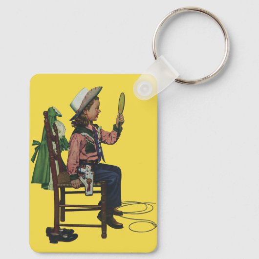 ヴィンテージガール女性のカーボーイ探し鏡彼女は無駄だ キーホルダー (裏面)