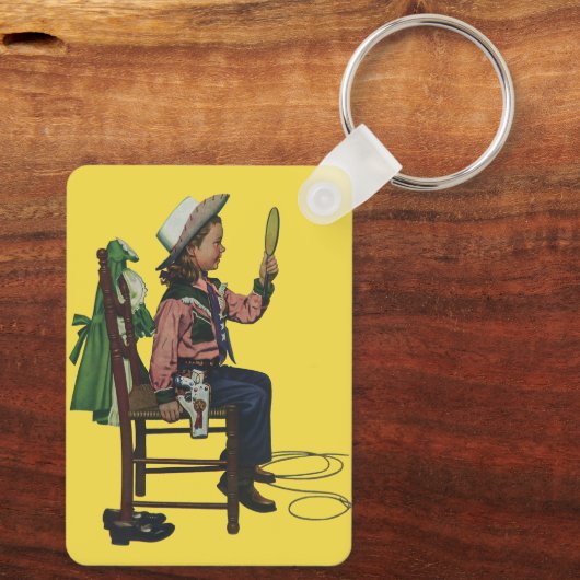 ヴィンテージガール女性のカーボーイ探し鏡彼女は無駄だ キーホルダー (裏面)