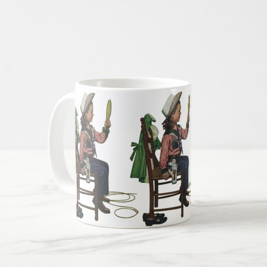 ヴィンテージガール女性のカーボーイ探し鏡彼女は無駄だ コーヒーマグカップ (正面左)