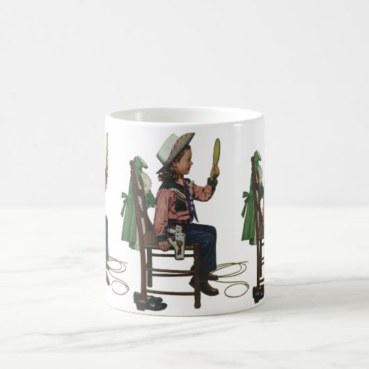 ヴィンテージガール女性のカーボーイ探し鏡彼女は無駄だ コーヒーマグカップ (中央)