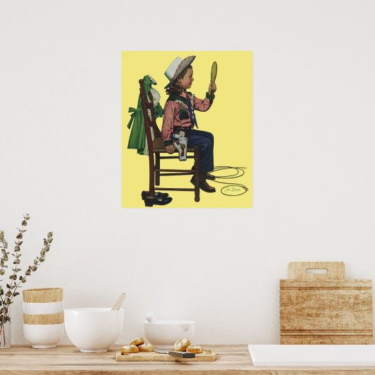 ヴィンテージガール女性のカーボーイ探し鏡彼女は無駄だ ポスター (キッチン)