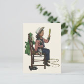 ヴィンテージガール女性のカーボーイ探し鏡彼女は無駄だ ポストカード (スタンド正面)