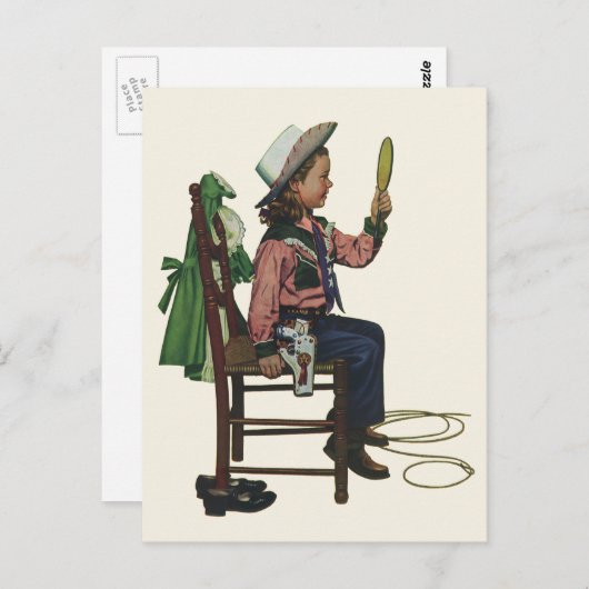 ヴィンテージガール女性のカーボーイ探し鏡彼女は無駄だ ポストカード