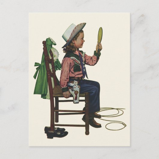 ヴィンテージガール女性のカーボーイ探し鏡彼女は無駄だ ポストカード (正面)