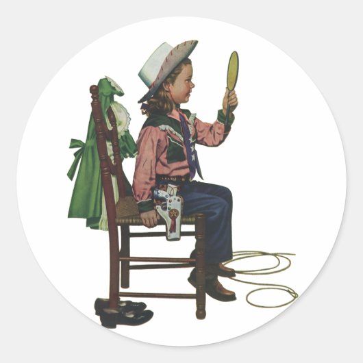 ヴィンテージガール女性のカーボーイ探し鏡彼女は無駄だ ラウンドシール (正面)