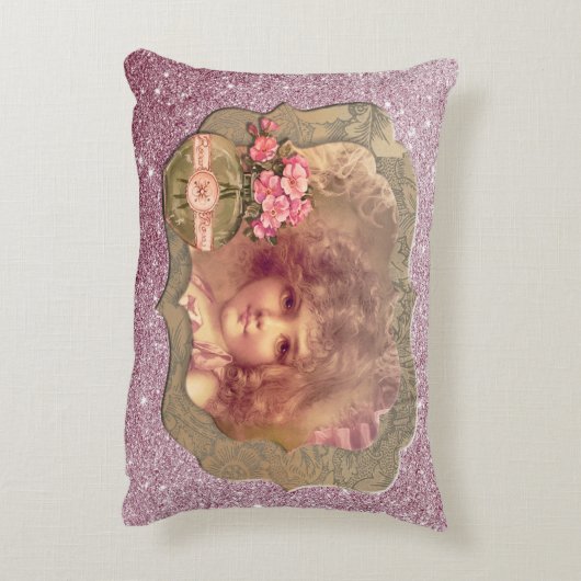 ヴィンテージガール枠付きピンク色のフォグリッターアクセントピロー アクセントクッション (裏面(縦))