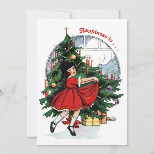 ヴィンテージガール踊りのまわりにザクリスマスツリー カード (正面)
